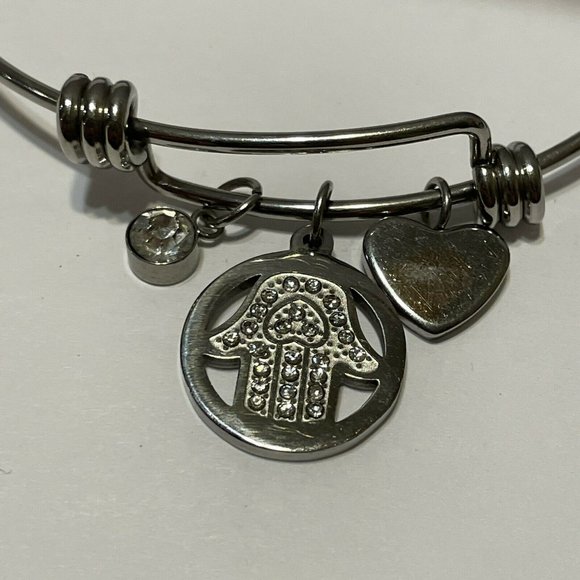 stainless steel adjustable slider bracelet hamsa  unity protection Silver Tone - Picture 3 of 9